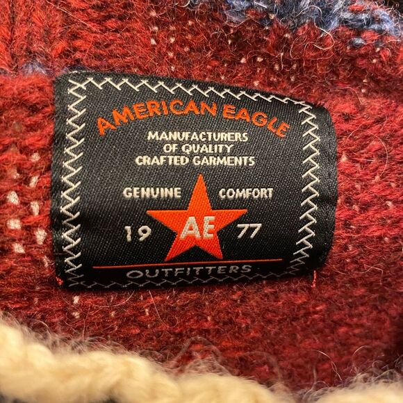 Vtg American Eagle Wool Sweater Medium Red Fisherman Mock Neck Grandpa Nordic - Picture 3 of 5